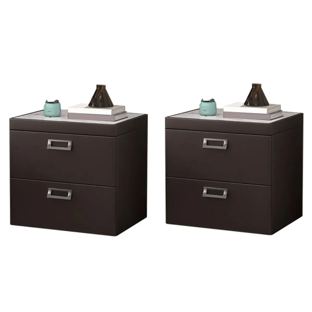 Modern Faux Leather 2 Drawers Nightstand with Stone Top