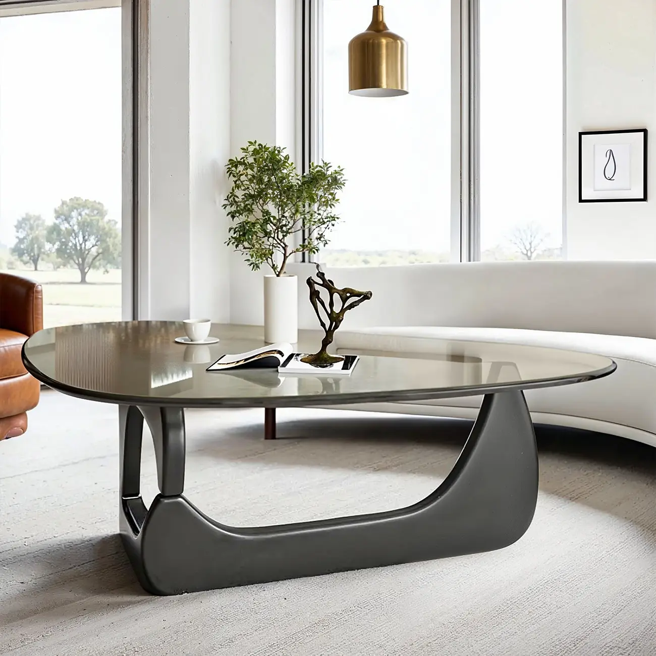 Modern Triangle Glass Coffee Table Wooden Base