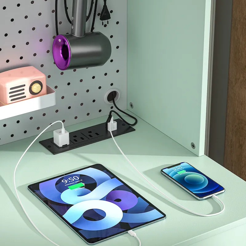 Makeup Vanity with Pegboard and Hutch, Bedroom Vanity Table with Charge Station and LED Light - N/A