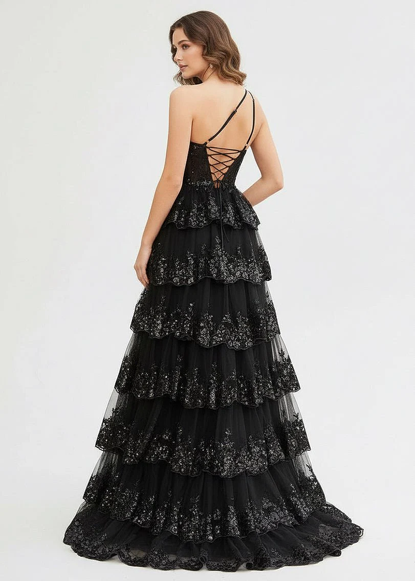 Sheath One Shoulder Tiered Lace Long Prom Dress