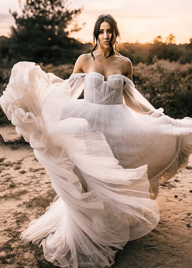 Elegant Flowy Tulle Off the Shoulder Long Sleeve Boho Wedding Bridal Gowns