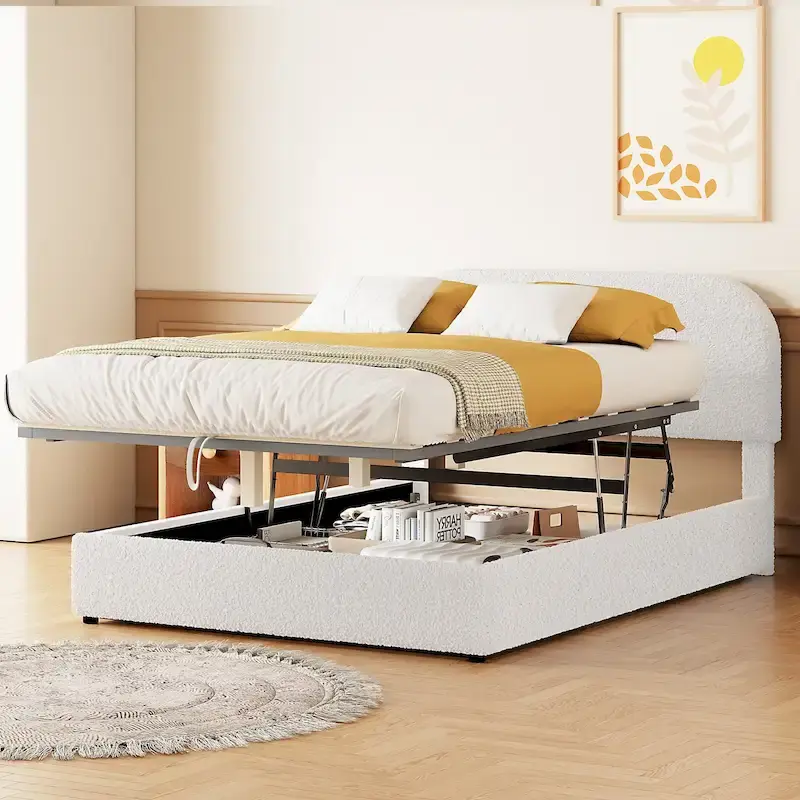 Platform Bed with Hydraulic Storage - Teddy Fleece - Full/Queen