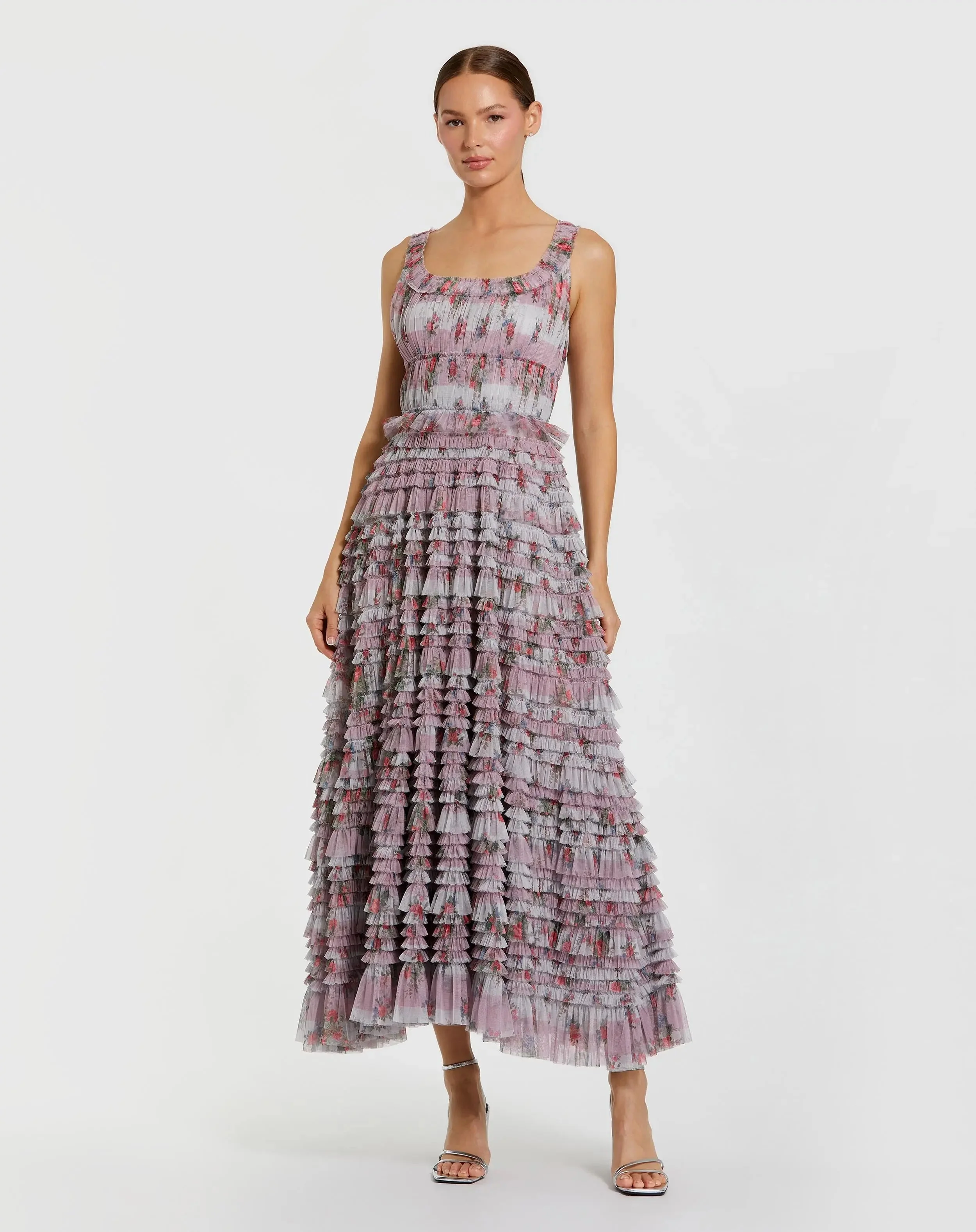 Purple Sleeveless Floral Midi Dress with Tiered Ruffles