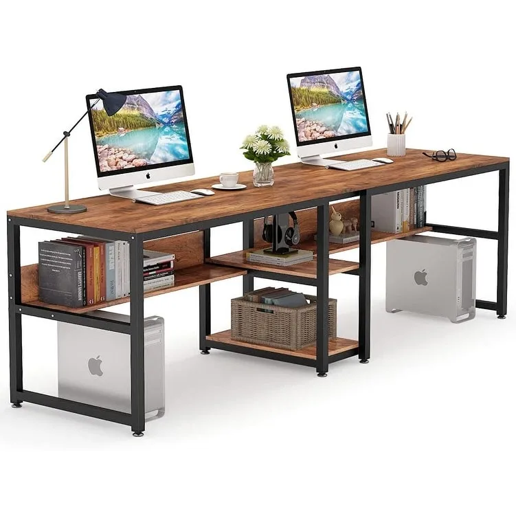 Brown/Black/White/Grey/Light Grey 2-Person Desk with Bookshelf, Industrial Style