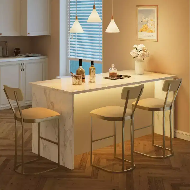 Bar Stools Set of 4  Counter Height Metal Frame with Curved Back, Upholstered Velvet Tall Barstools, Gold, for Kitchen & Dining Room