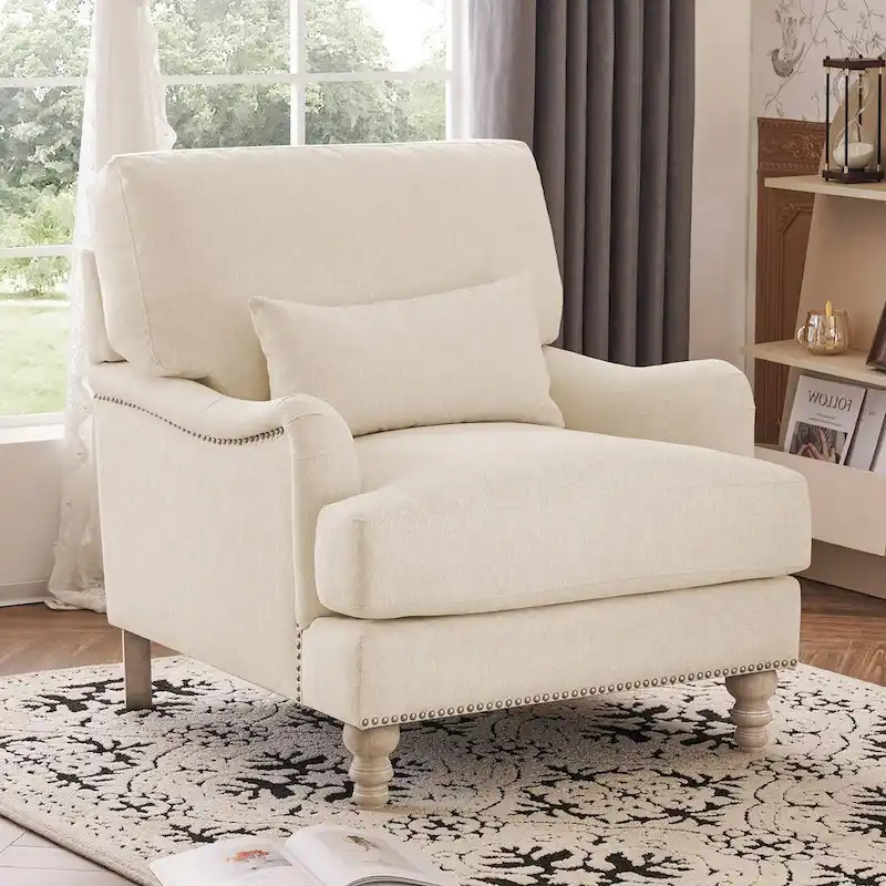Upholstered Accent Chair with Lumbar Pillow, Solid Wood Frame