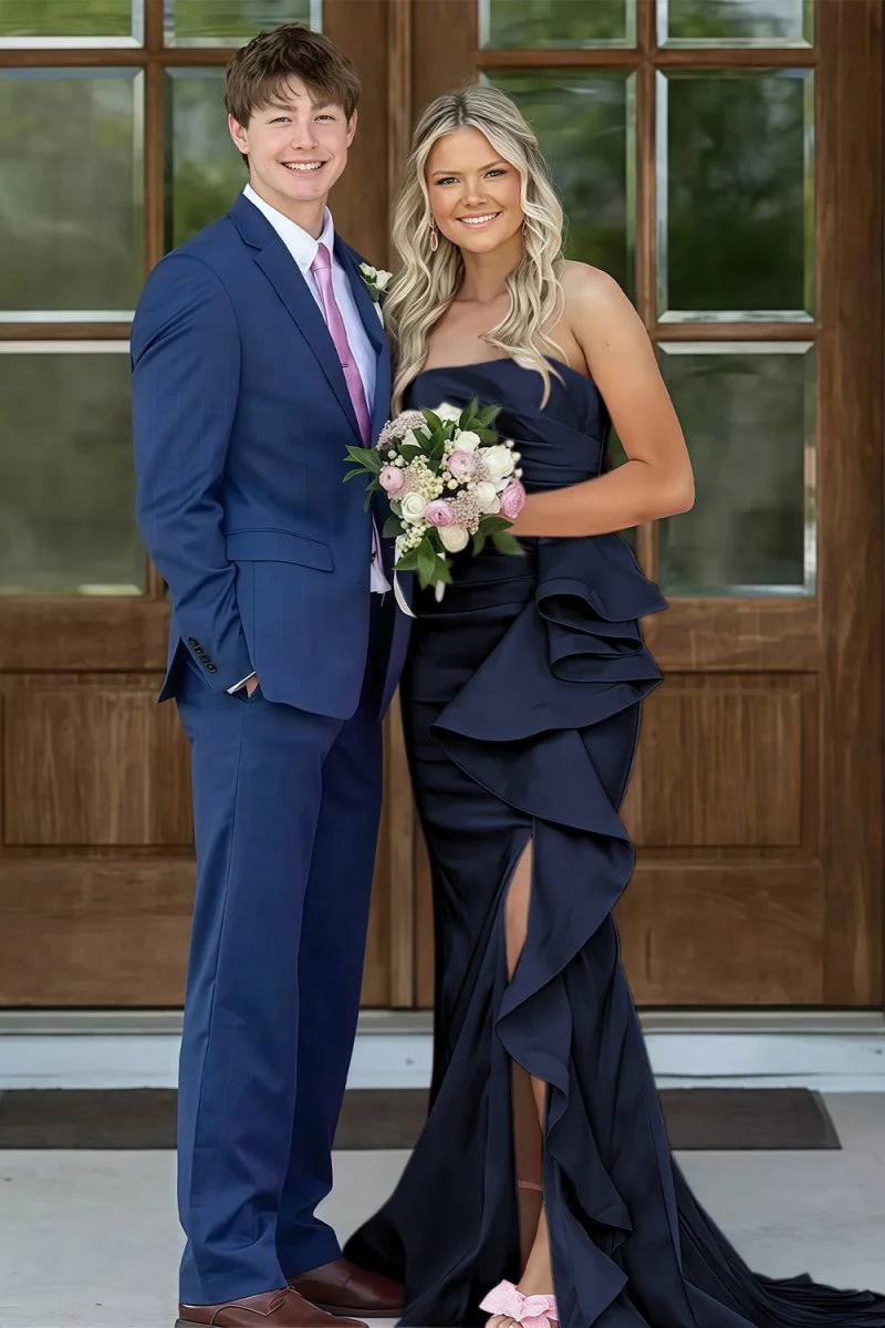 Pink Mermaid Strapless Satin Ruffled Long Prom Dresses with Slit