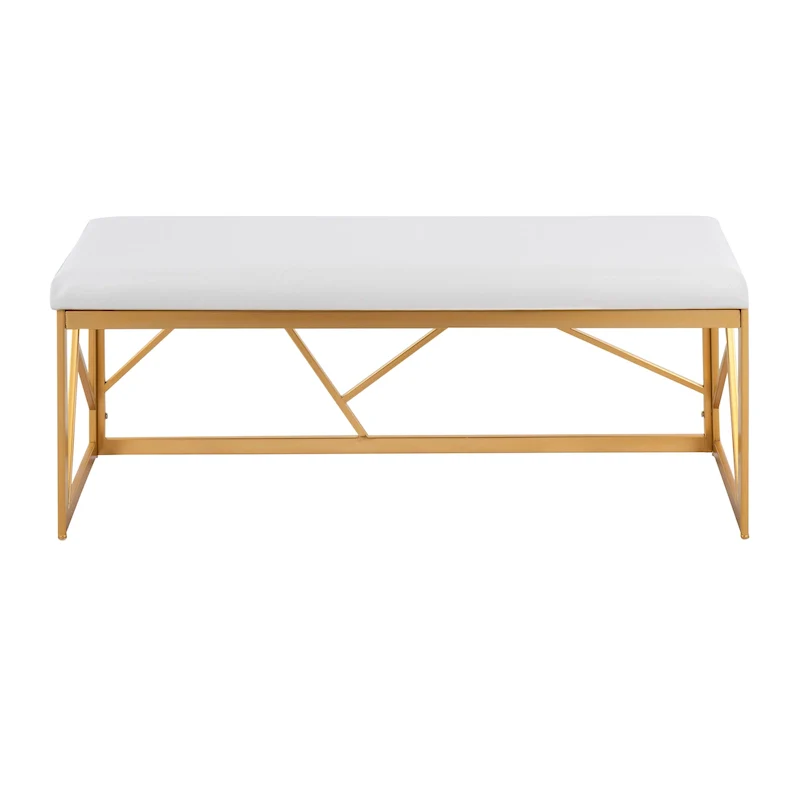 White Faux Leather / Velvet Upholstered Bench, 2-Seat, Gold Metal Frame