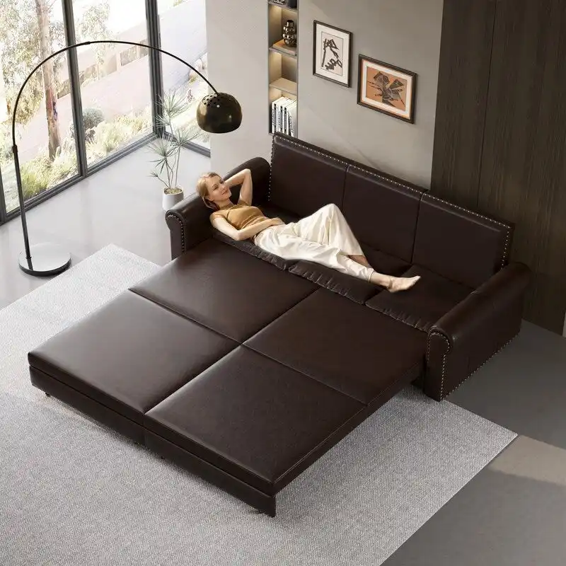 3-in-1 Chesterfield Sofa Bed, King Pull Out Sofa Bed, Velvet/Faux Leather Convertible Sleeper Sofa w/ Nailhead Trim & Rolled Arm