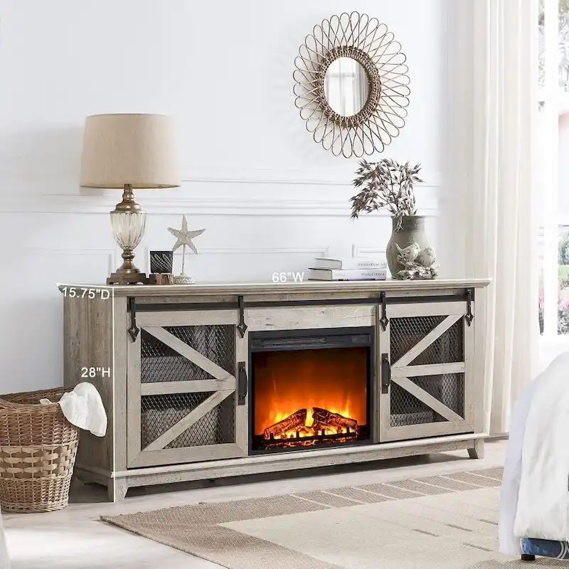 White Farmhouse TV Stand with Electric Fireplace