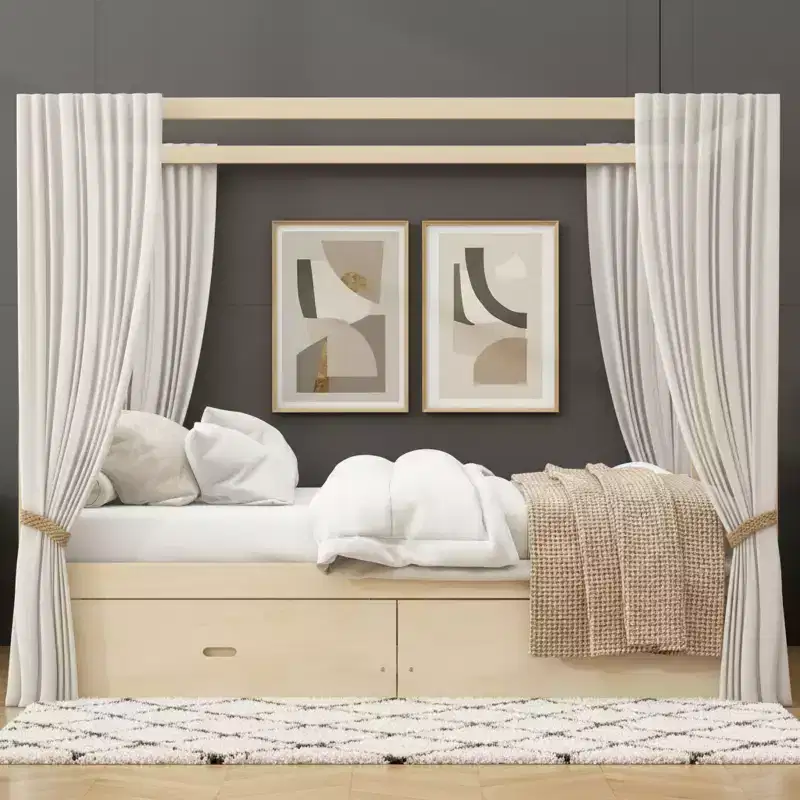 Polibi Rustic Wooden Canopy Bed with Storage Drawers