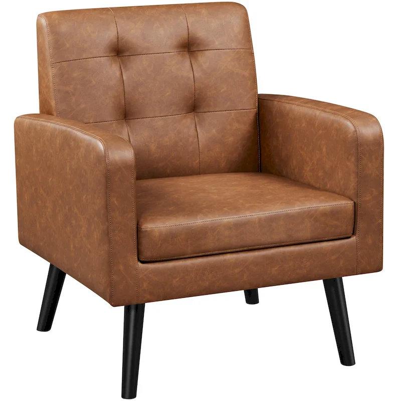 Retro Brown / Black / Beige Mid-Century Faux Leather Blind-Tufted Accent Chair with Rubberwood Legs – 1-Seater