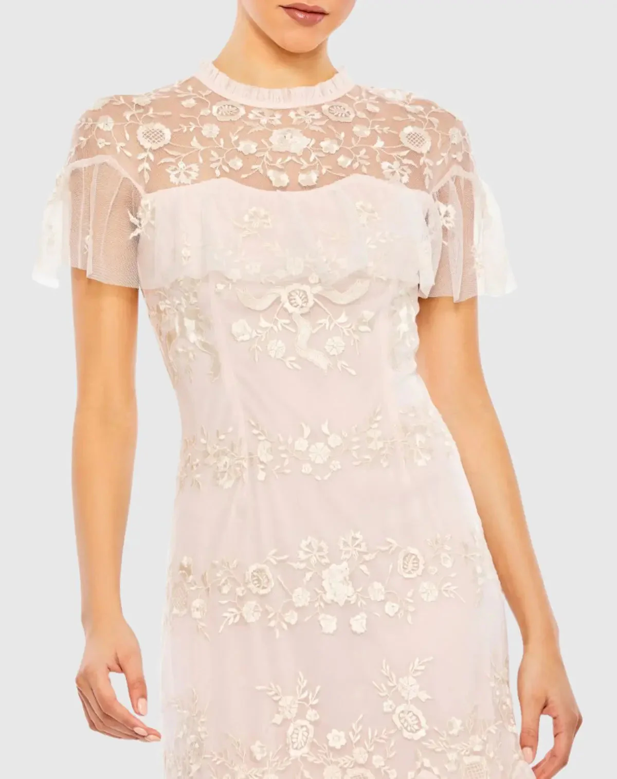 Pink High Neck Mesh Tier Embroidered Dress