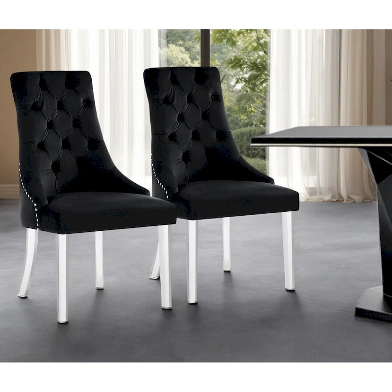 HomeRoots Set of Two Tufted Black and Clear Upholstered Velvet Dining Side Chairs