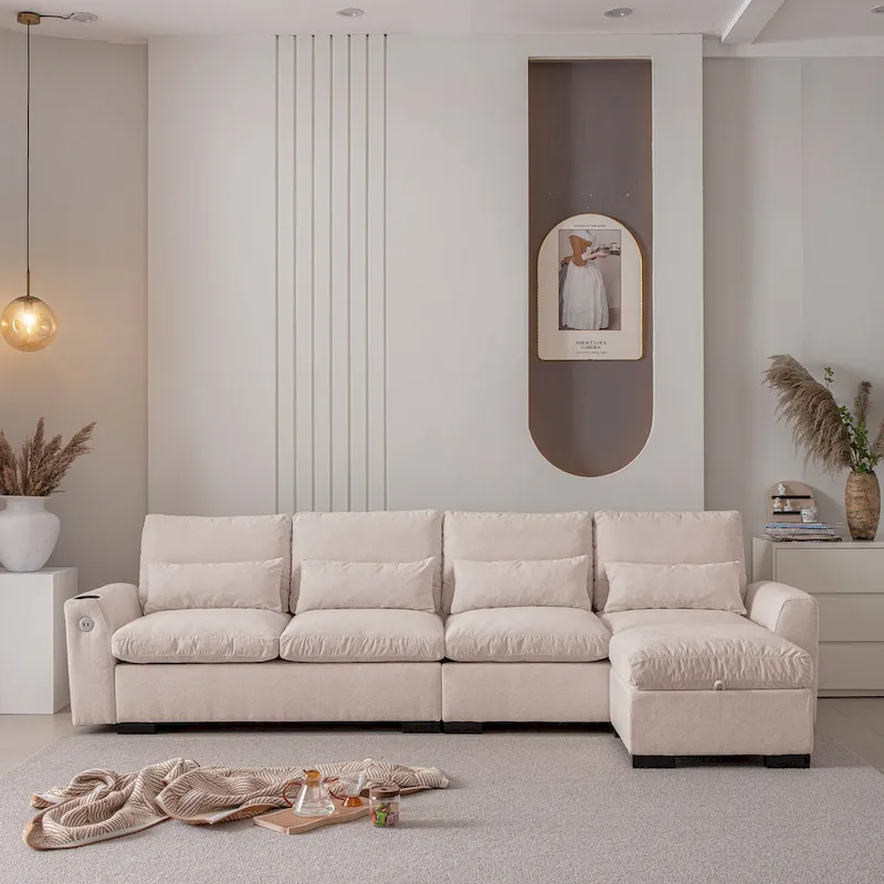 Beige Reversible L-Shaped Chenille Sofa with Ottoman, USB Ports & Cup Holder