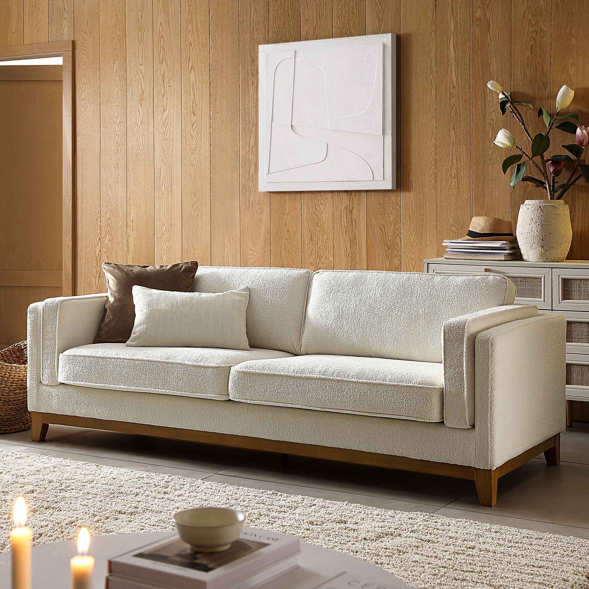 Beige Boucle Fabric Sofa, 3-Seater
