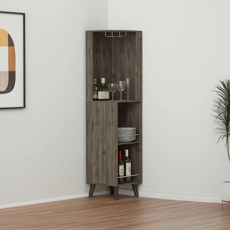 HomeRoots 73  Dark Brown Wood Corner Bar Cabinet With One Drawer