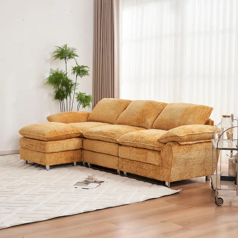 Modern Deep 3-Seat Sofa Couch with Ottoman