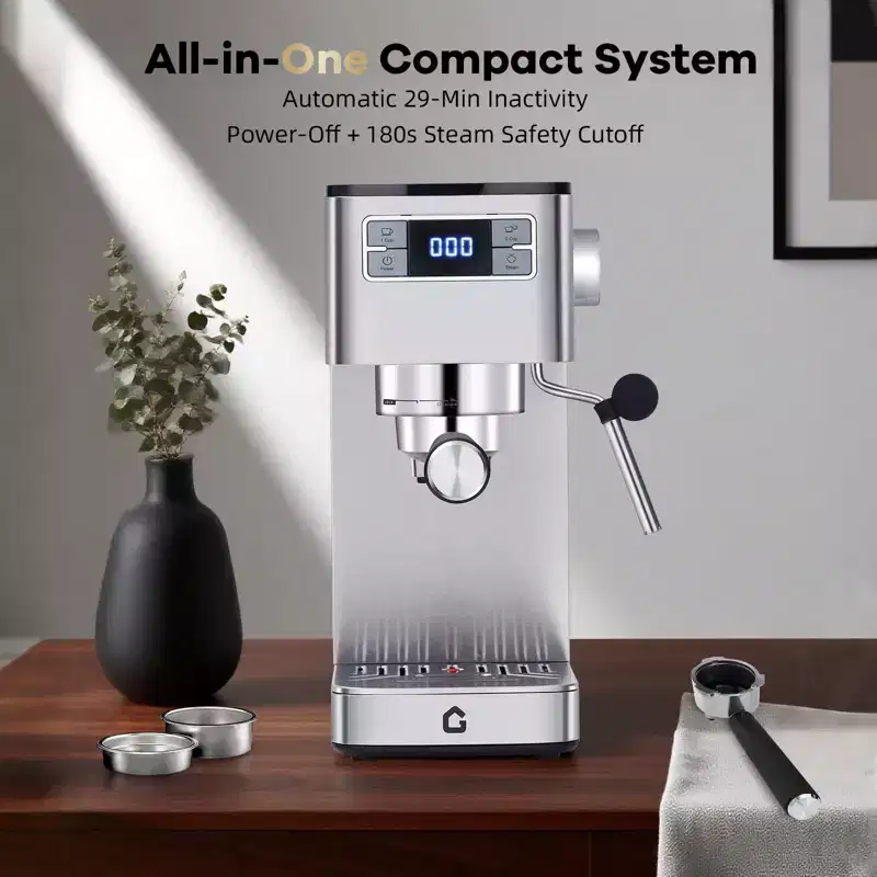 20 Bar Coffee Machine with Steam Wand, Removable Water Tank, Automatic Cappuccino  Latte Maker  Compact Coffee Maker for Home and Office