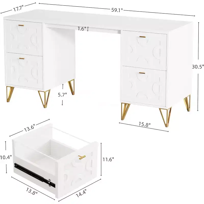 Lantine 59-Inch White Desk with Drawers, Modern Office Desk Writing Table with Gold Legs and Storage for Bedroom, Workspace, Living Room