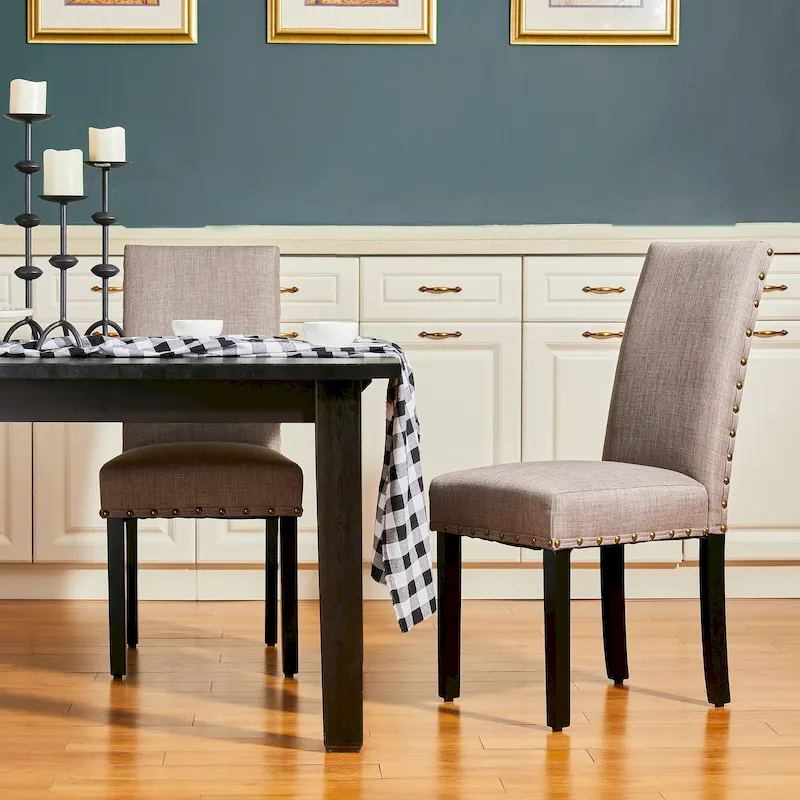 High Back Linen Fabric Dining Chairs with Nailhead Trim – Grey / Cream White / Tan