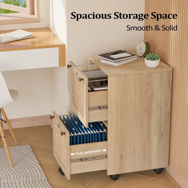 Mobile File Cabinet Wood Rattan 2-Drawer with Lock