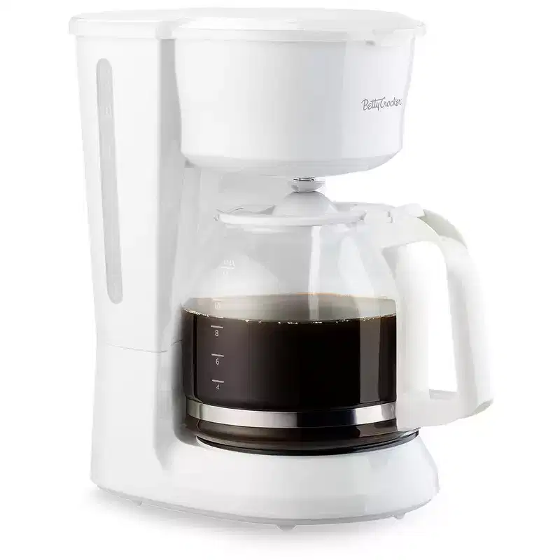 Betty Crocker 12-Cup Drip Coffee Maker with Heat Resistant Glass Carafe, Removable Filter Holder, Water Level Gauge, Non-Stick Warming Plate, White