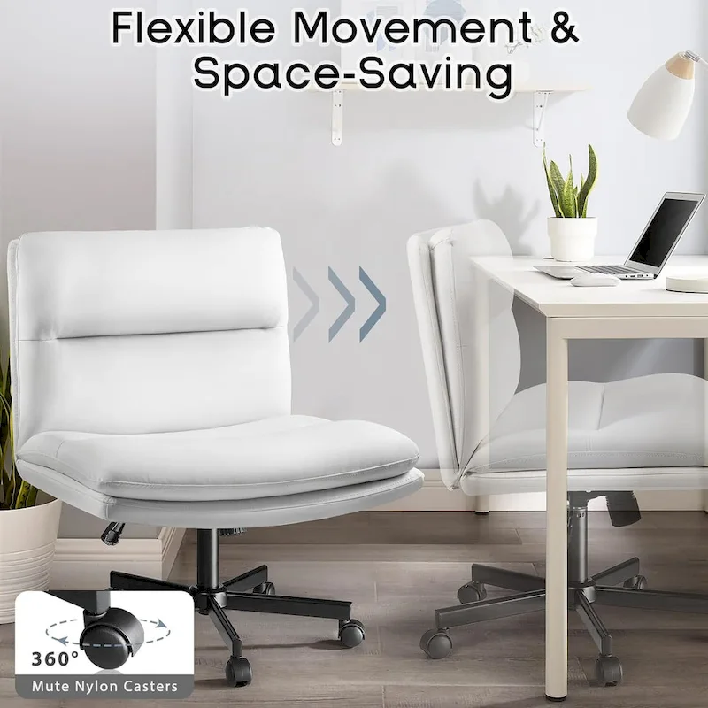 Cross Chair with Wheels,PU Leather Armless Cross Legged Office chair, Adjustable Wide Seat Task Vanity Chair