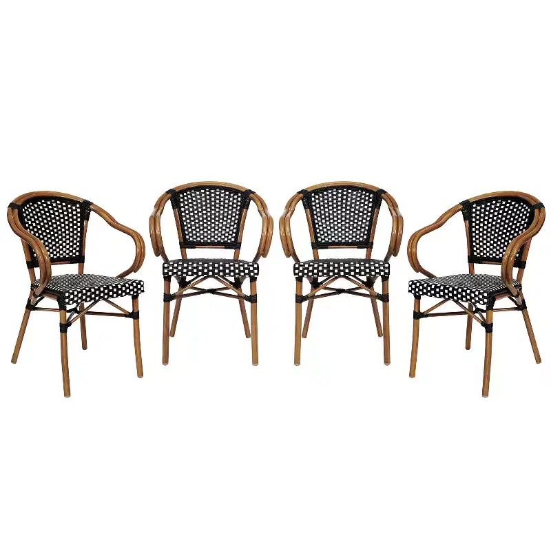 Emma & Oliver Soie Set of Four Indoor/Outdoor Stacking Thonet Bistro Style Chairs with Arms, PE Rattan Seat and Bamboo Finished Metal Frame