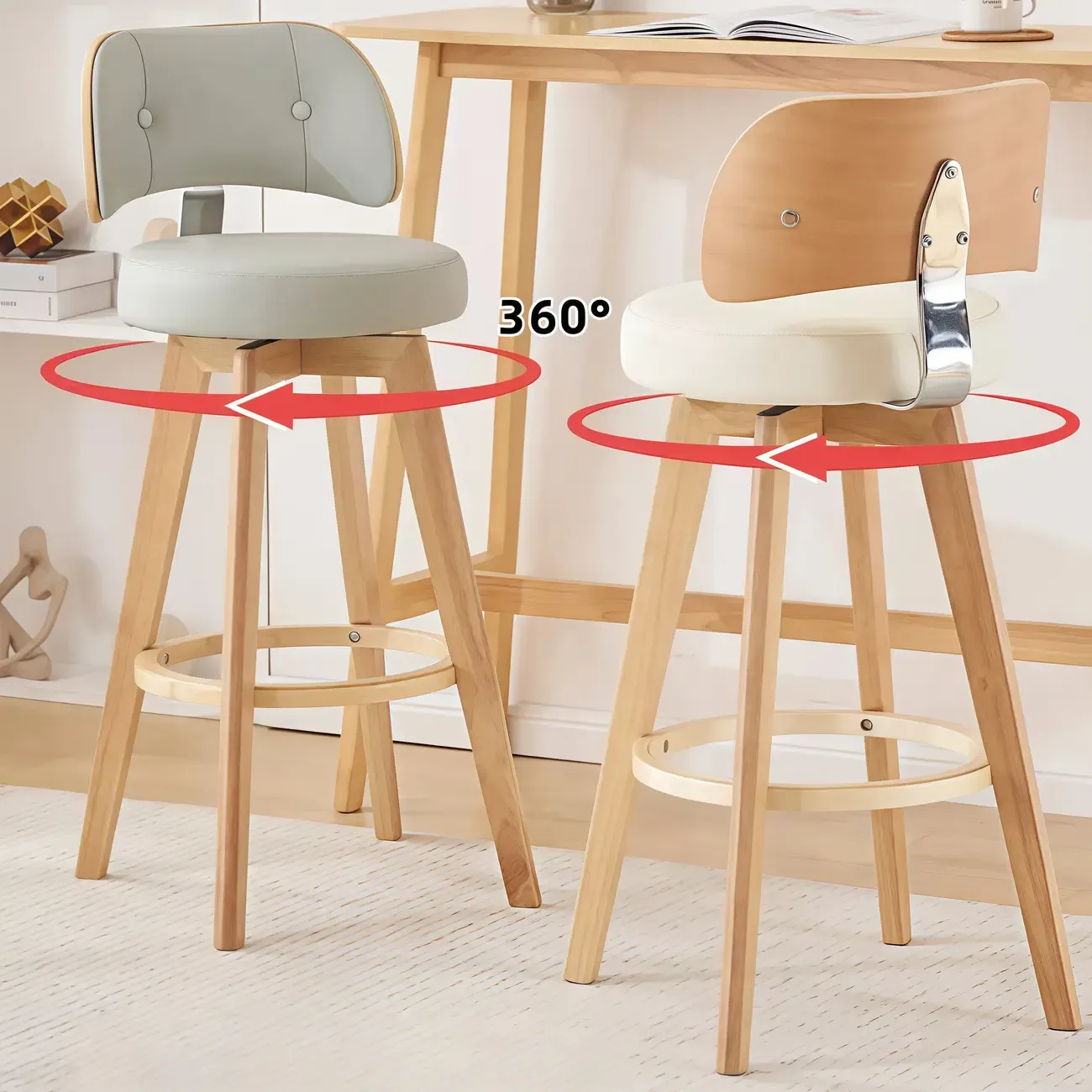 Natural Wood Round Leather Swivel Bar Stools