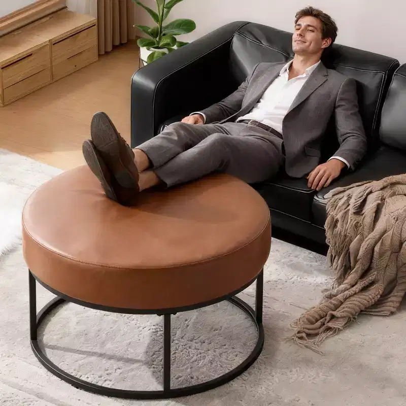 Bekrvio 4.5 Round Ottoman Coffee Table, Chenille Fabric Upholstered Footrest, Modern Accent Table with Metal Legs & Adjustable Feet for Living Room