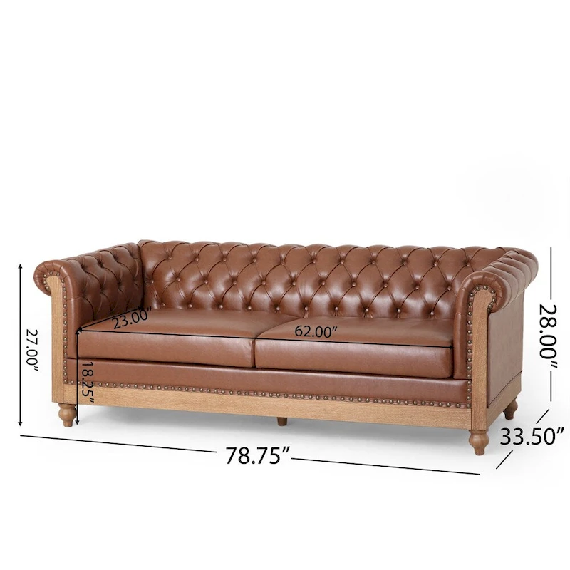 Retro 3 Seat PU Sofa with Wooden Frame and Legs