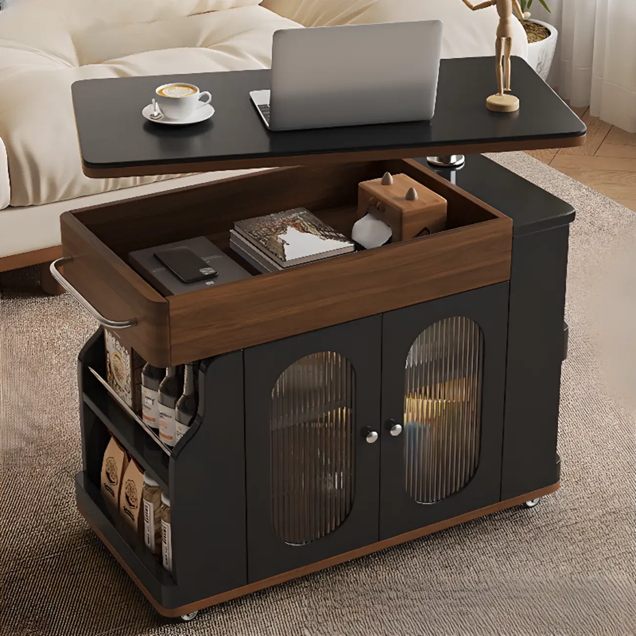 Multi-levelled Fold Away Chairside Table with Roller Wheels