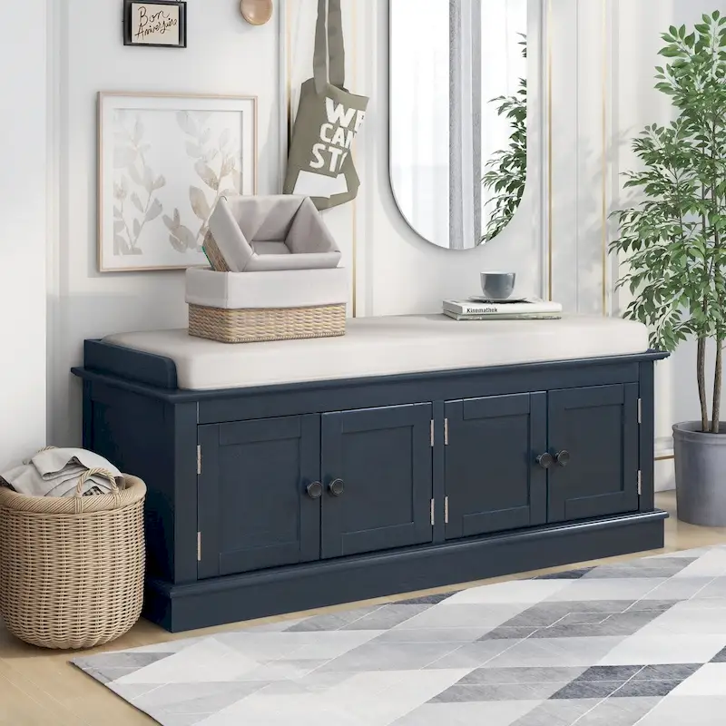 Storage Bench with 4 Doors, Antique Navy / White, 2-Person Shoe Bench with Removable Cushion