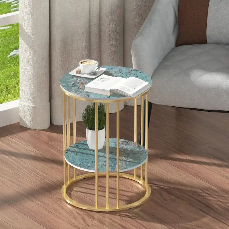 Cold Jadeite / Black / Gold 2-Tier Round Sintered Stone End Table – Single