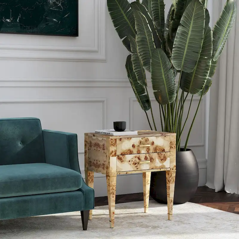 Double Drawer Burl Wood Side Table