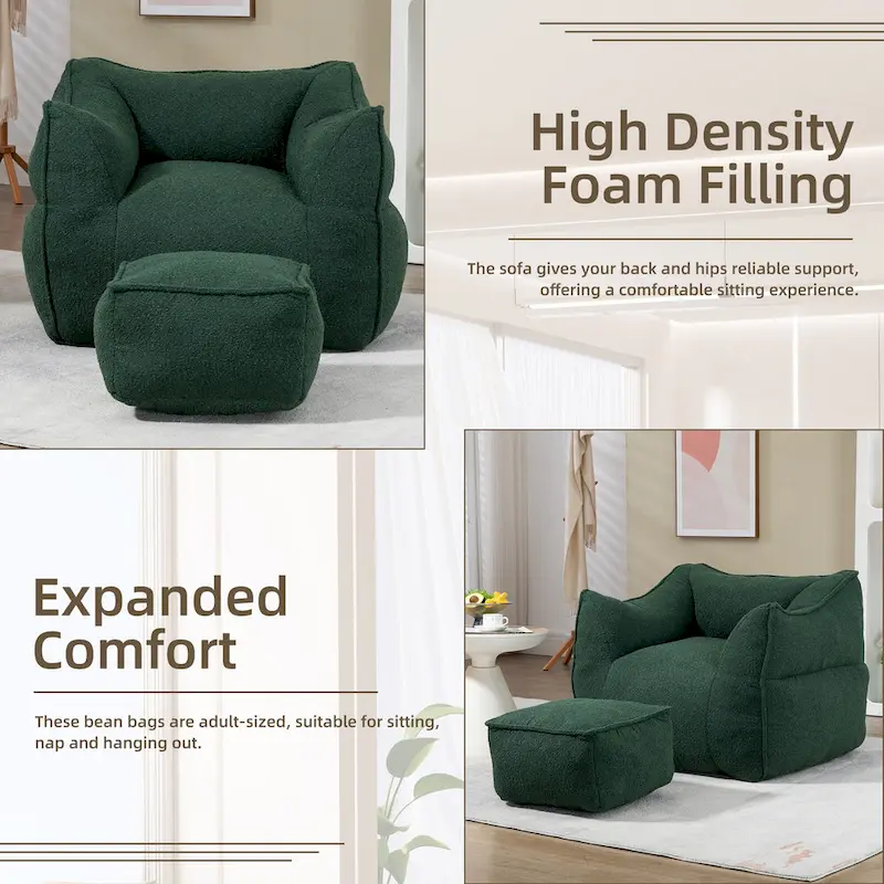 Boucle Upholstered Deep Seat Armless Square Bean Bag Chair with Ottoman