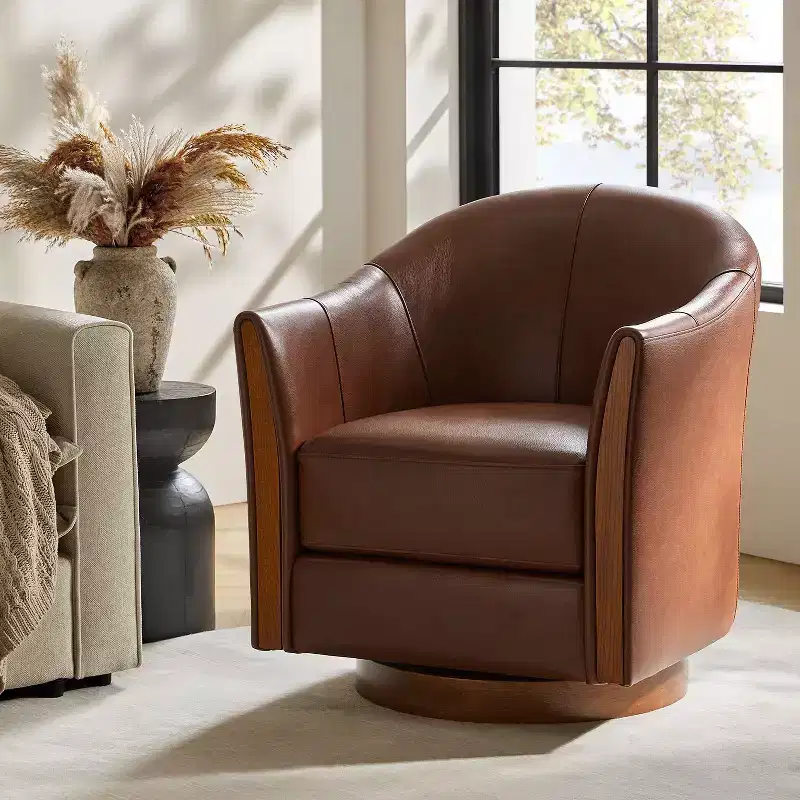 Pocono Transitional Genuine Leather Swivel Barrel Chair With Solid Wood BaseArtful Living Design
