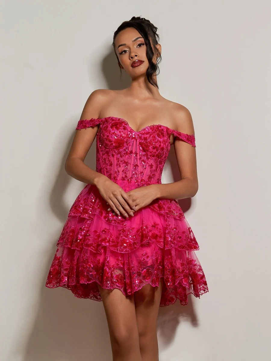 Fuchsia - A-Line Sweetheart Tiered Short Short Homecoming & Cocktail Dresses