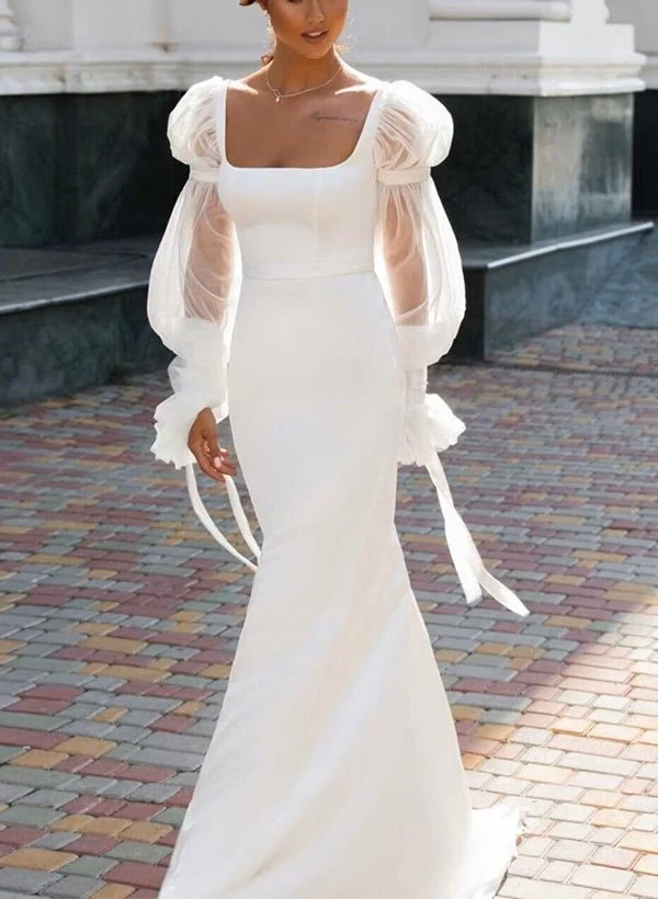 Mermaid Square Neckline Long Sleeves Satin Wedding Dresses