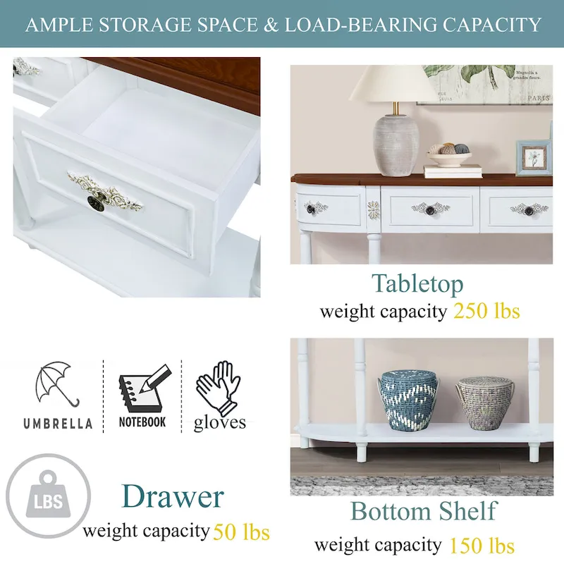 52 inch Circular Half Moon Sofa Table with Open Shelf and 2 Drawers