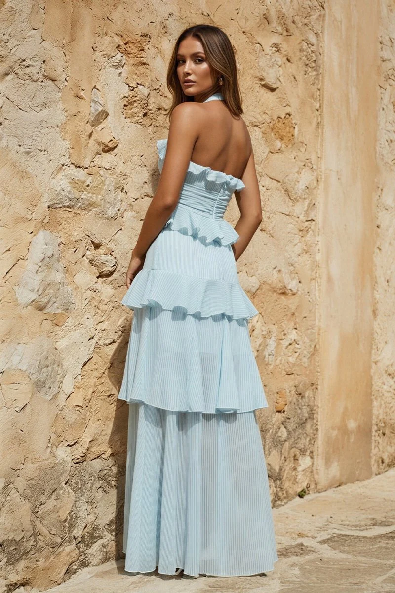 Sky Blue Halter Sheath Pleated Chiffon Long Prom Dresses With Ruffles