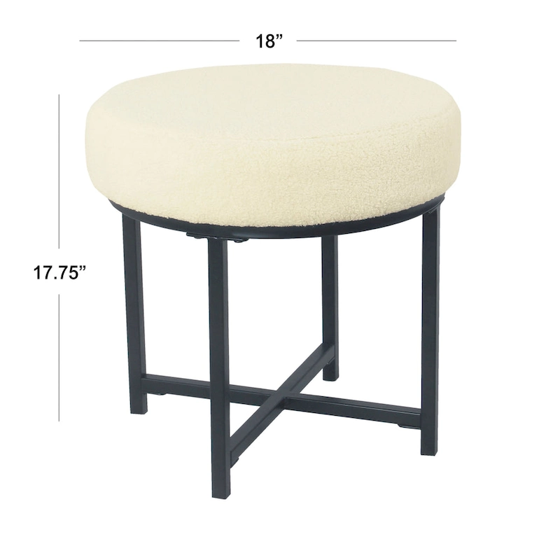 Round Upholstered top Ottoman on metal frame - Cream Faux Sheepskin