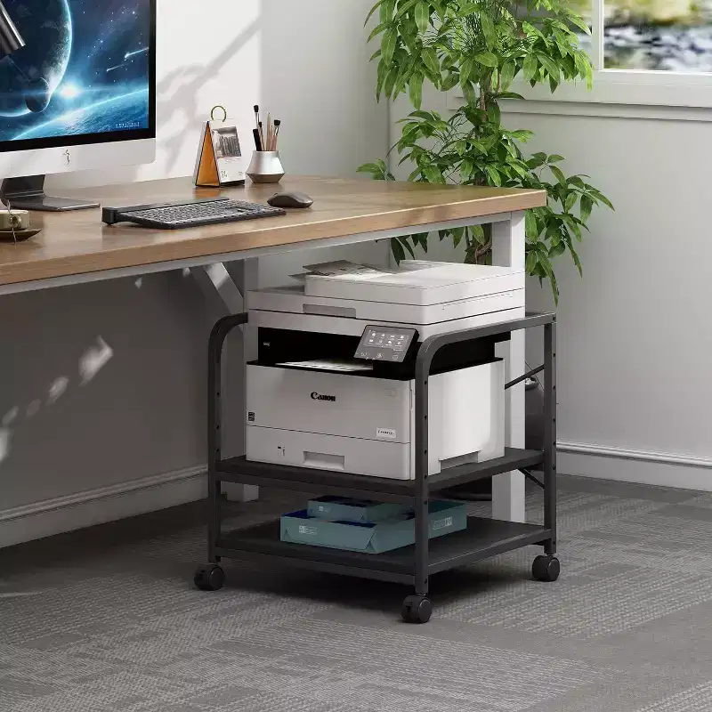 2-Tier Large Printer Stand, Under-Counter Printer Desk with Height-Adjustable Shelf, Rolling Printer Cart with Wheels for Home Office Storage
