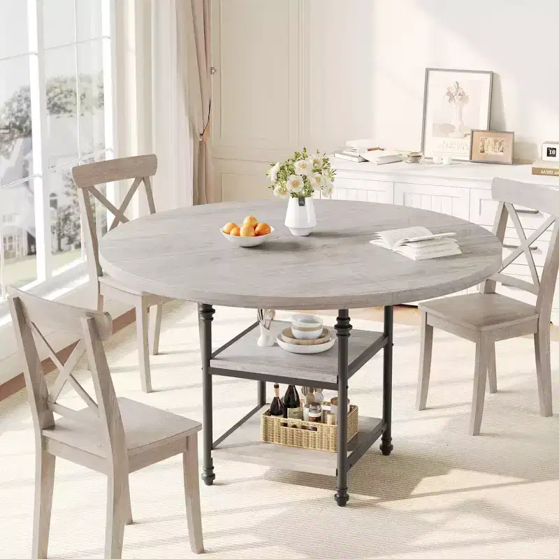 Dining Table Round Table - 47 Inch for 4-6 People, Spacious Dinner Kitchen Table with Sturdy Structure & Adjustable Leg Pads