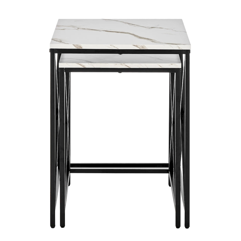 Modern Square Marble Finish Veneer Top Black Metal Frame Nesting End Tables - Set of 2