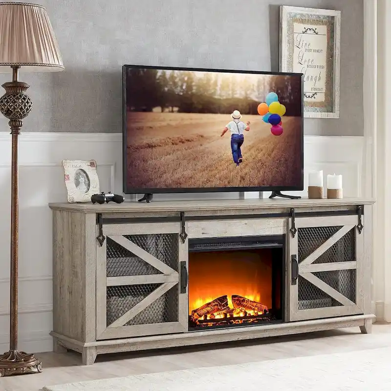 White Farmhouse TV Stand with Electric Fireplace