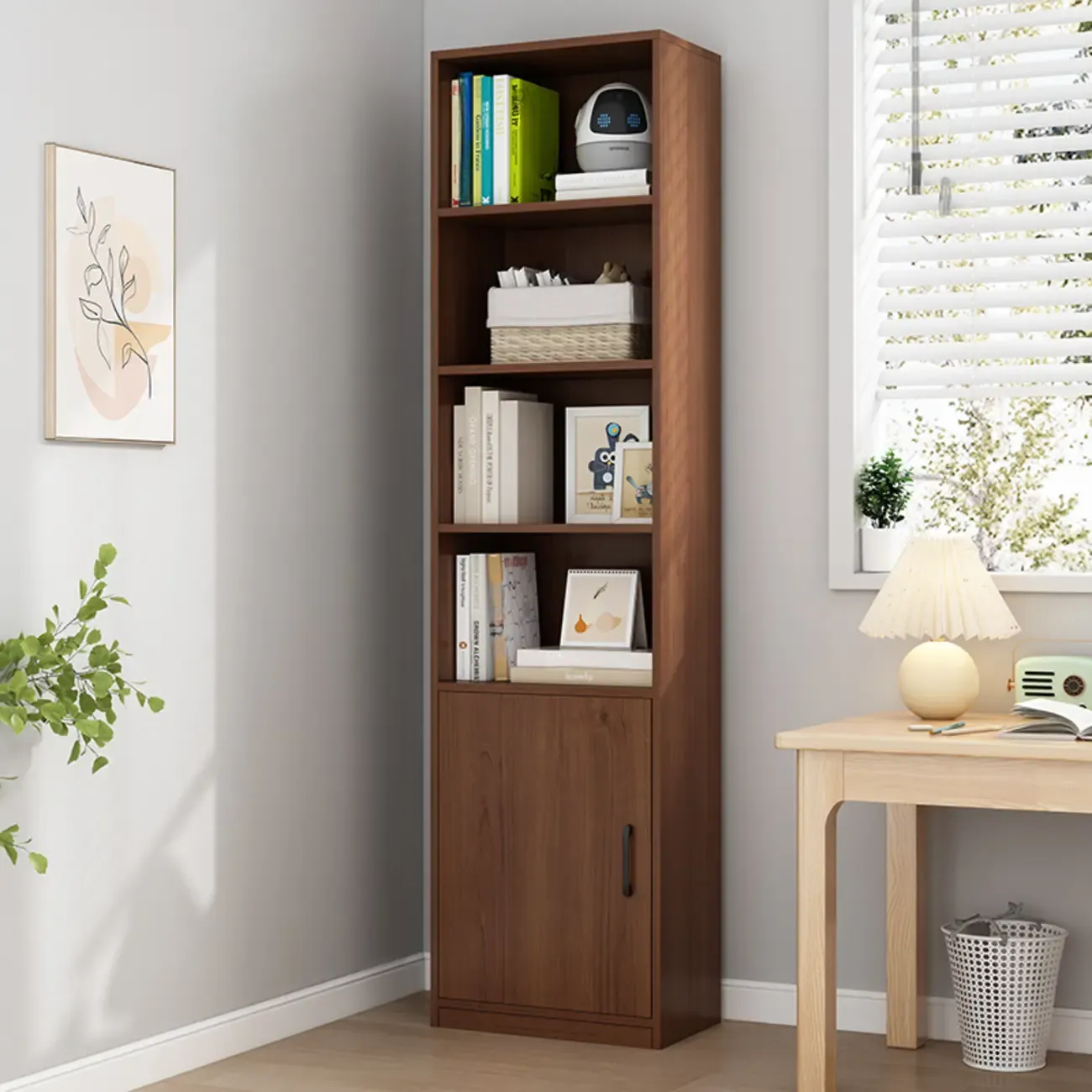 Narrow Modern Nut-Brown Wooden 3-Shelf Bookcase with Cabinet