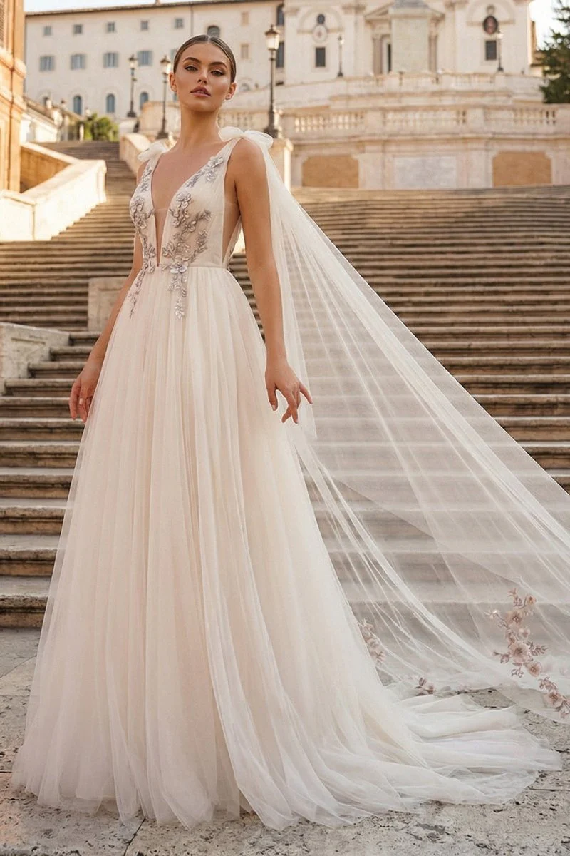 A-line Tulle Embroidery Deep-V Neck Floor-Length Prom Dresses