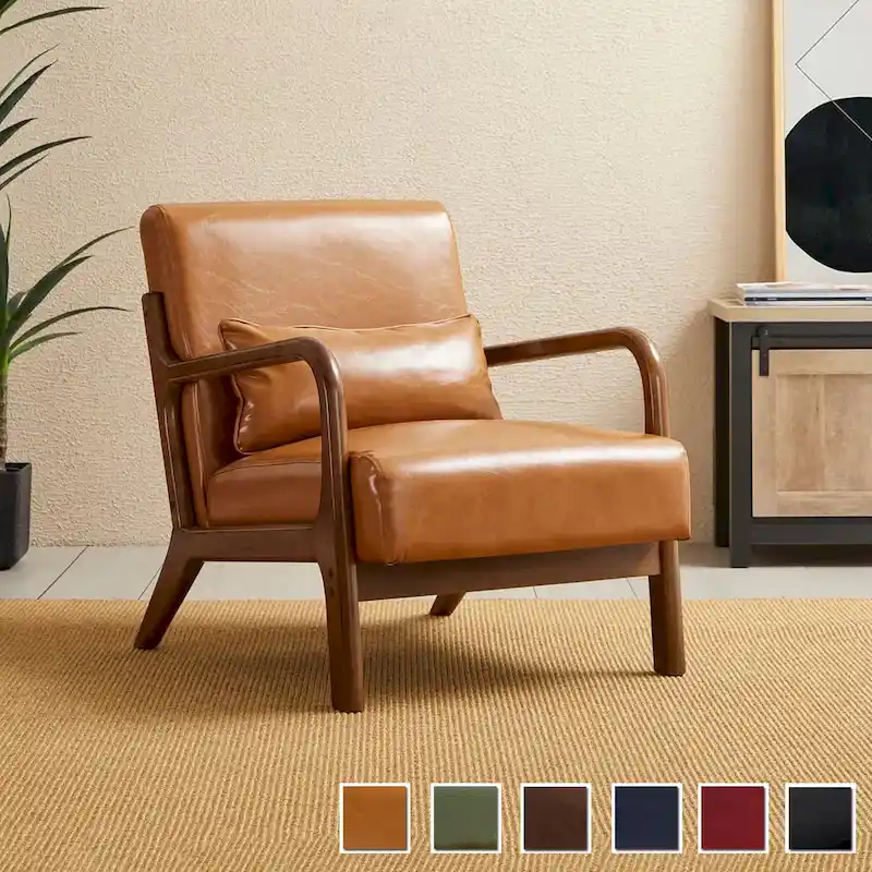 Glitzhome 30.75H Mid-Century Modern PU Leather Armchair Accent Chair with Pillow - 25.75W x 33.75D x 30.75H